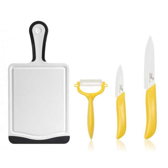 Ceramic Knives Set 3 Pcs Fruit and Vegetable Raw + Chopping Board with handle 35 x 20 Yellow